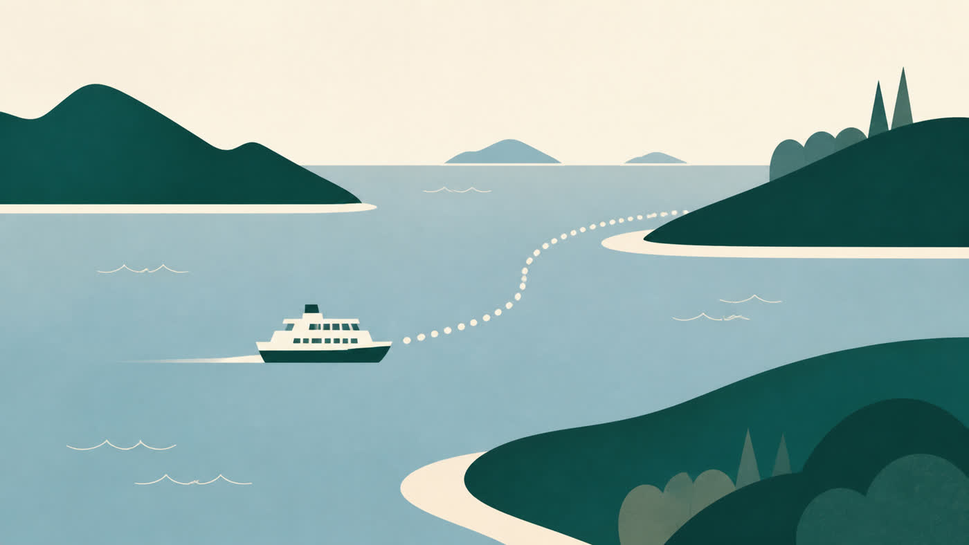 Abstract illustration of a ferry route across the Seto Inland Sea