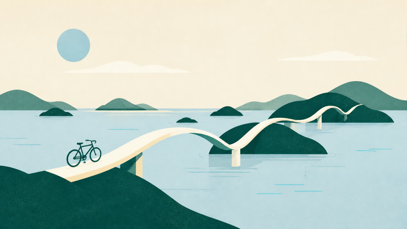 Abstract illustration of islands connected by bridges with a bicycle
